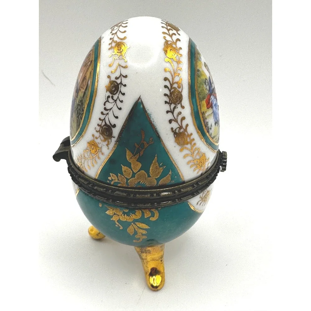 Vintage Vecceli‎ Style Porcelain Egg Trinket Box Green Gold 5inch Limoges